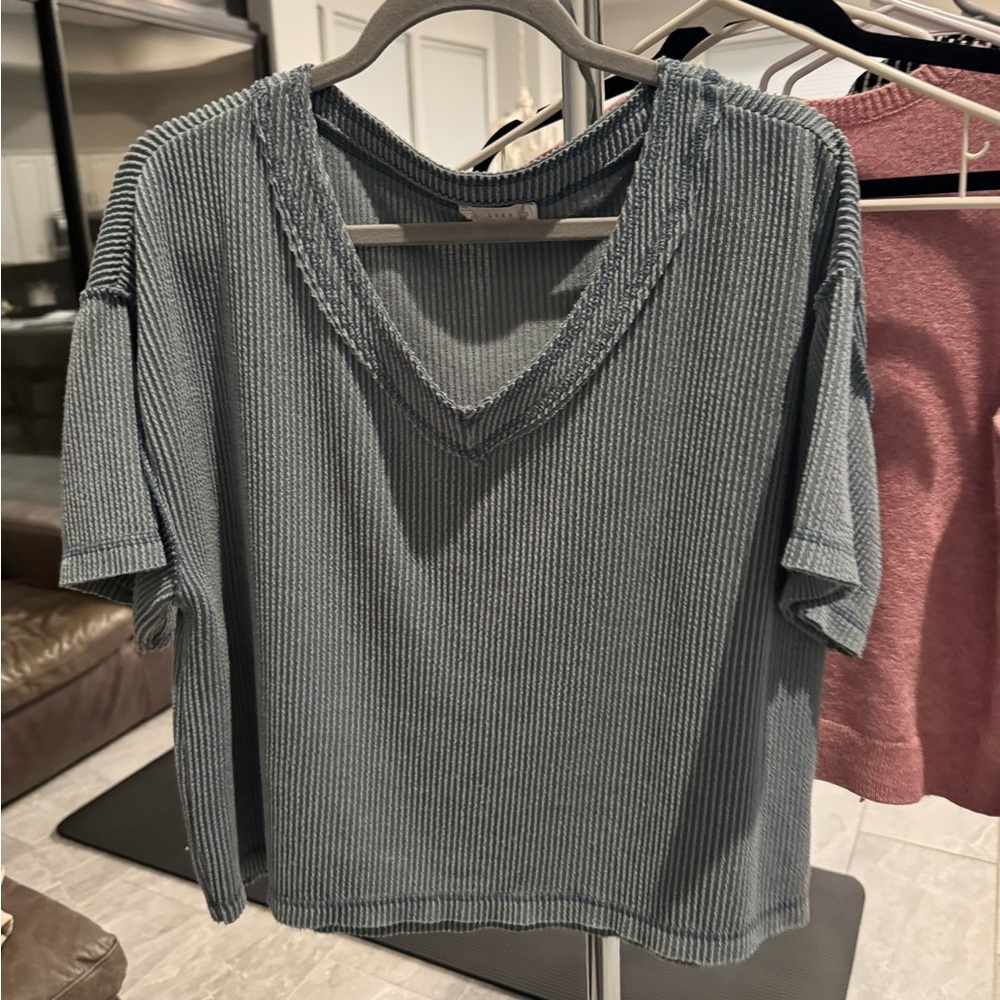 Lush Ribbed V-Neck Short Sleeve Top - Blue